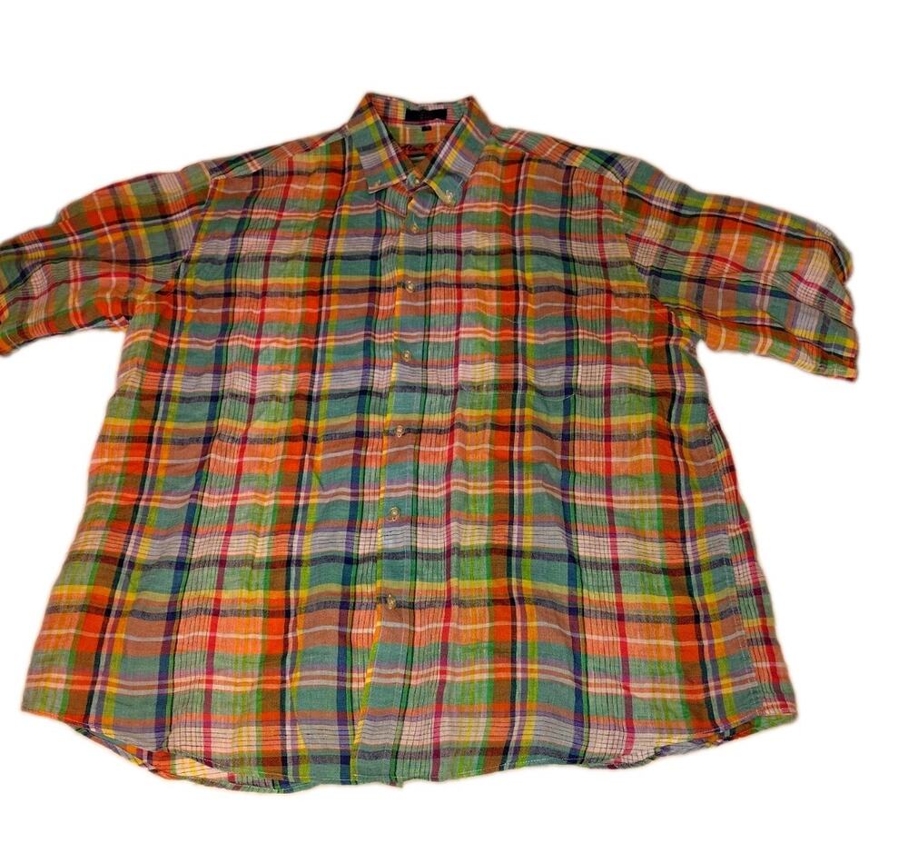 Alan Flusser Men's 2XL Big & Tall Linen Plaid Short Sleeve Button-Down Shirt